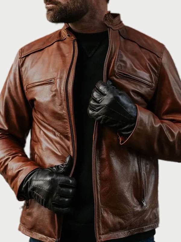 Mens-Cafe-Racer-Brown-Leather-Jacket-Open-1