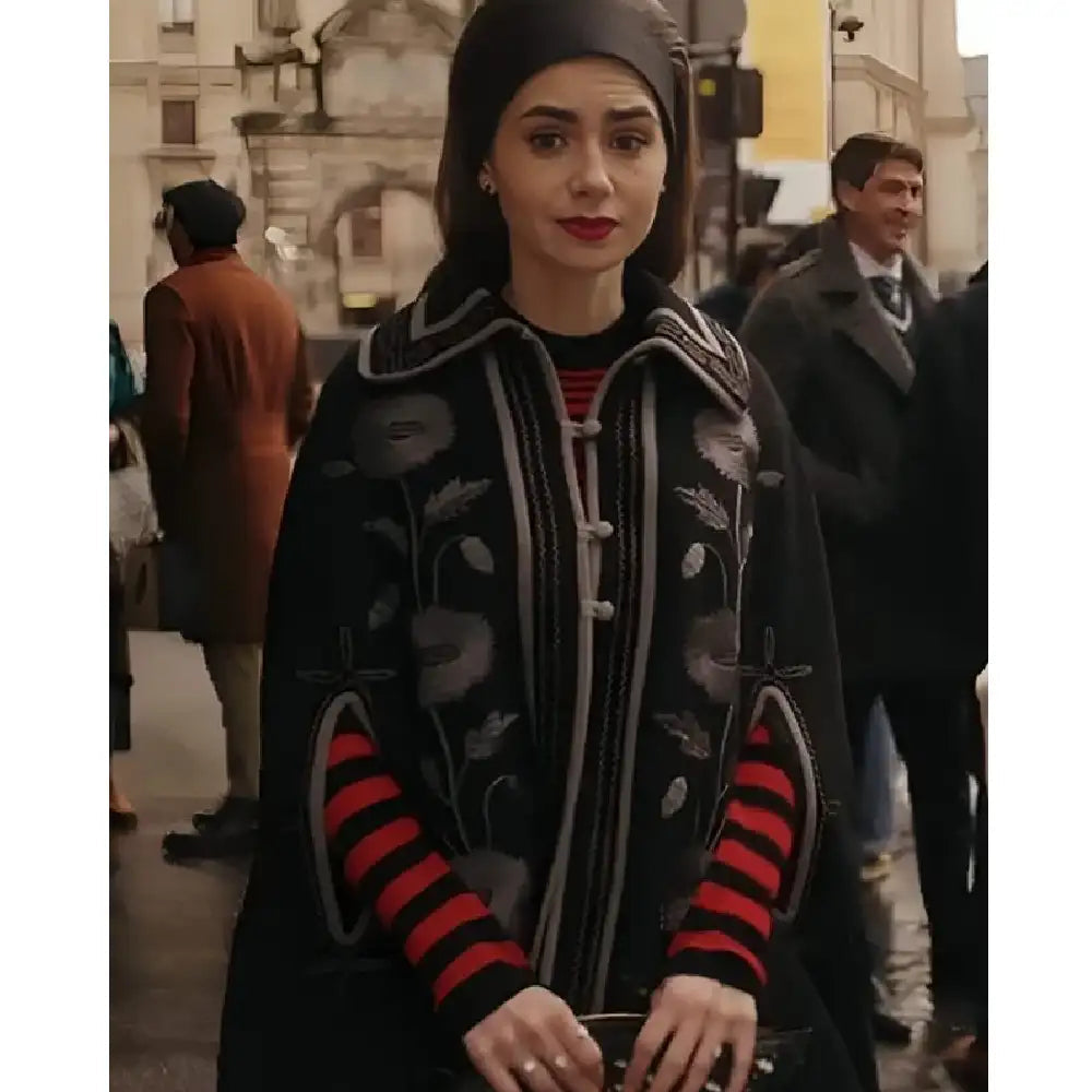 Lily Collins Black Floral Cape Coat