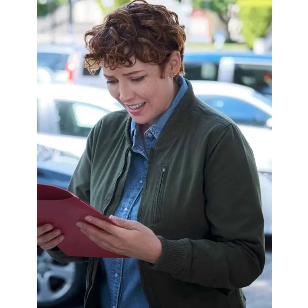 Emma Pedersen green bomber jacket