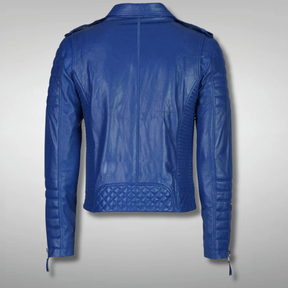Mens Blue Quilted Biker Jacket