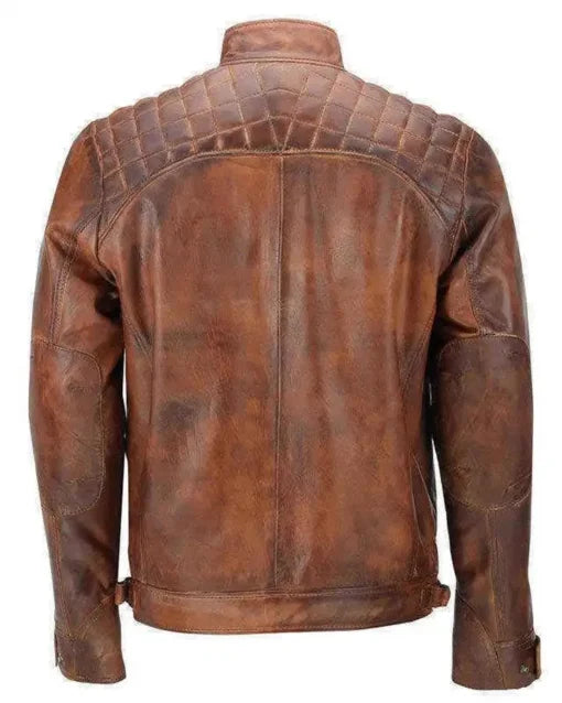 Classic Diamond Brown Distressed Leather Jacket