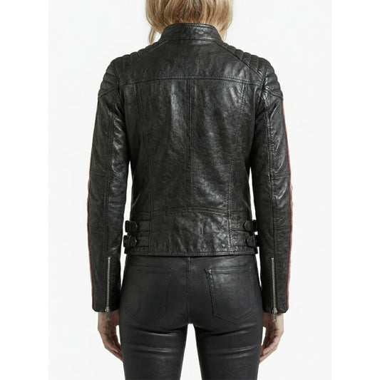 Buy womens black leather quilted striped sleeves jacket