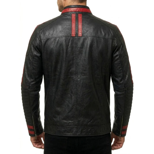Cafe Racer Black Leather Stripe Jacket For Men