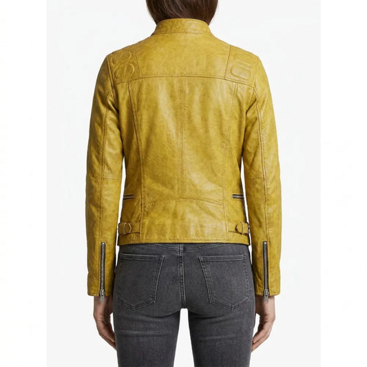 Get moto yellow leather jacket for women