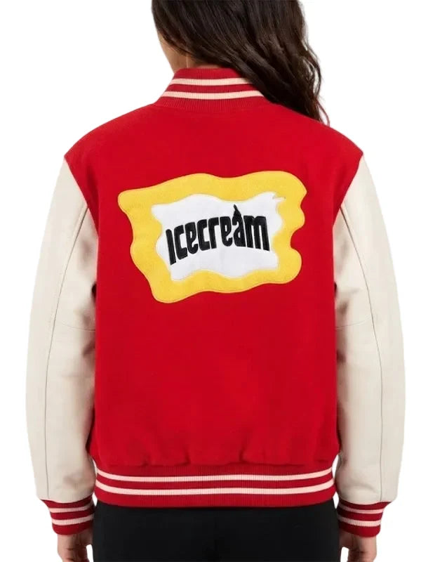 Re-Creation Mr. Me Too red and white full snap varsity jacket