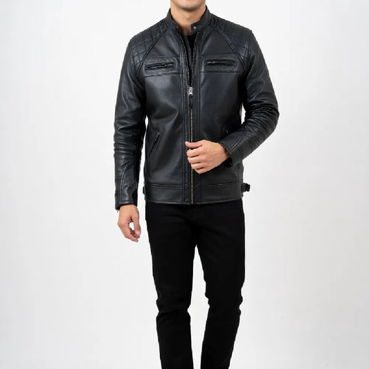 Shop mens black biker leather jacket quilted shoulders