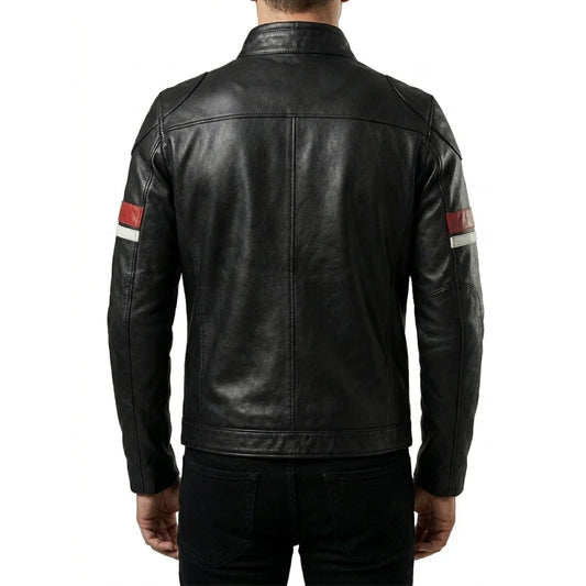Shop mens black leather jacket white red stripes