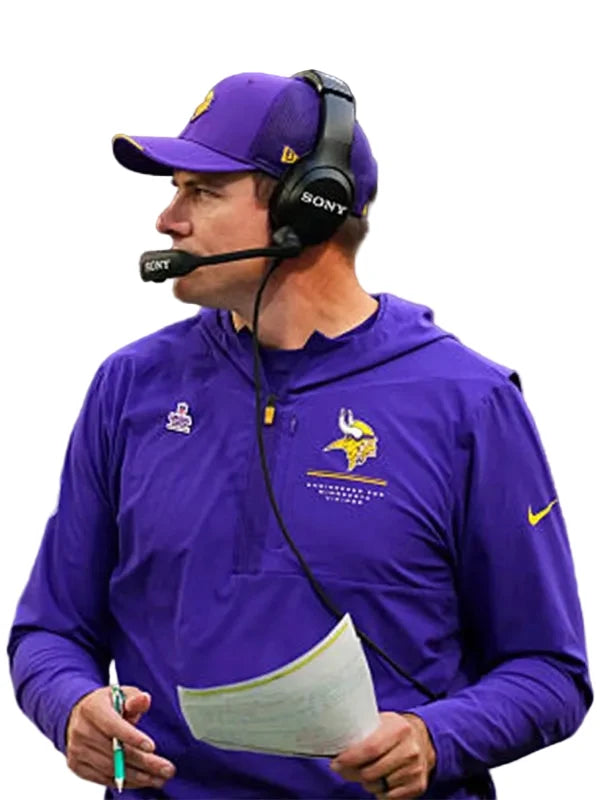 Kevin O’Connell Vikings purple quarter-zip jacket front view