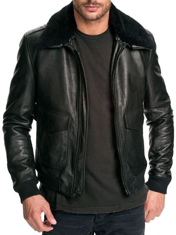 Mens-Air-Force-Black-Leather-Bomber-Jacket-Fur-Collar