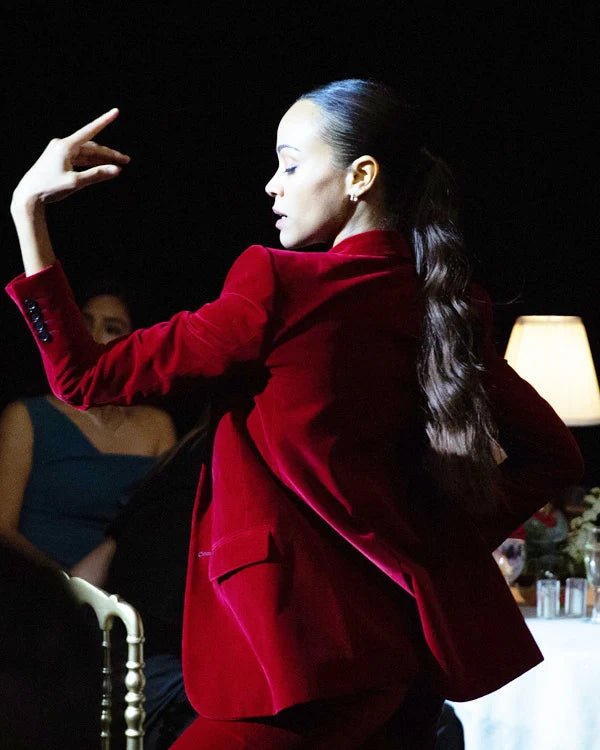 Zoe Saldana red velvet blazer coat
