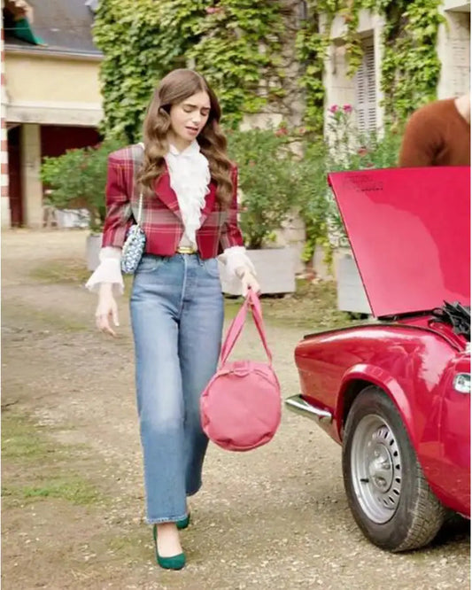 EmilyCooperEmilyInParisRedPlaidJacket