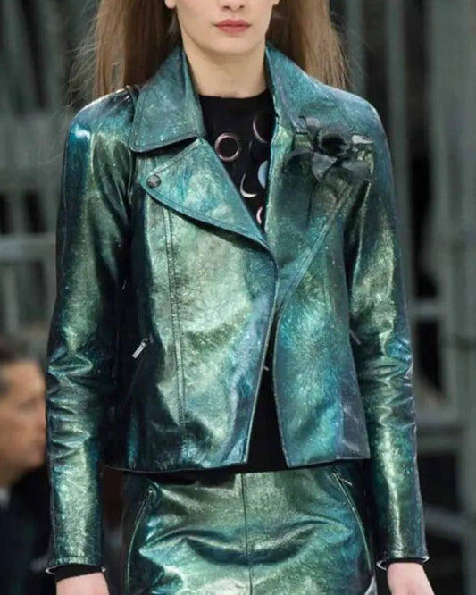 Emily In Paris Emily Cooper Green Metallic Moto Jacket
