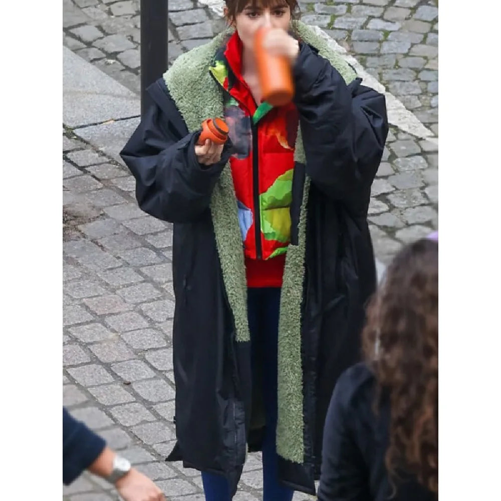 Lily Collins Black Shearling Coat