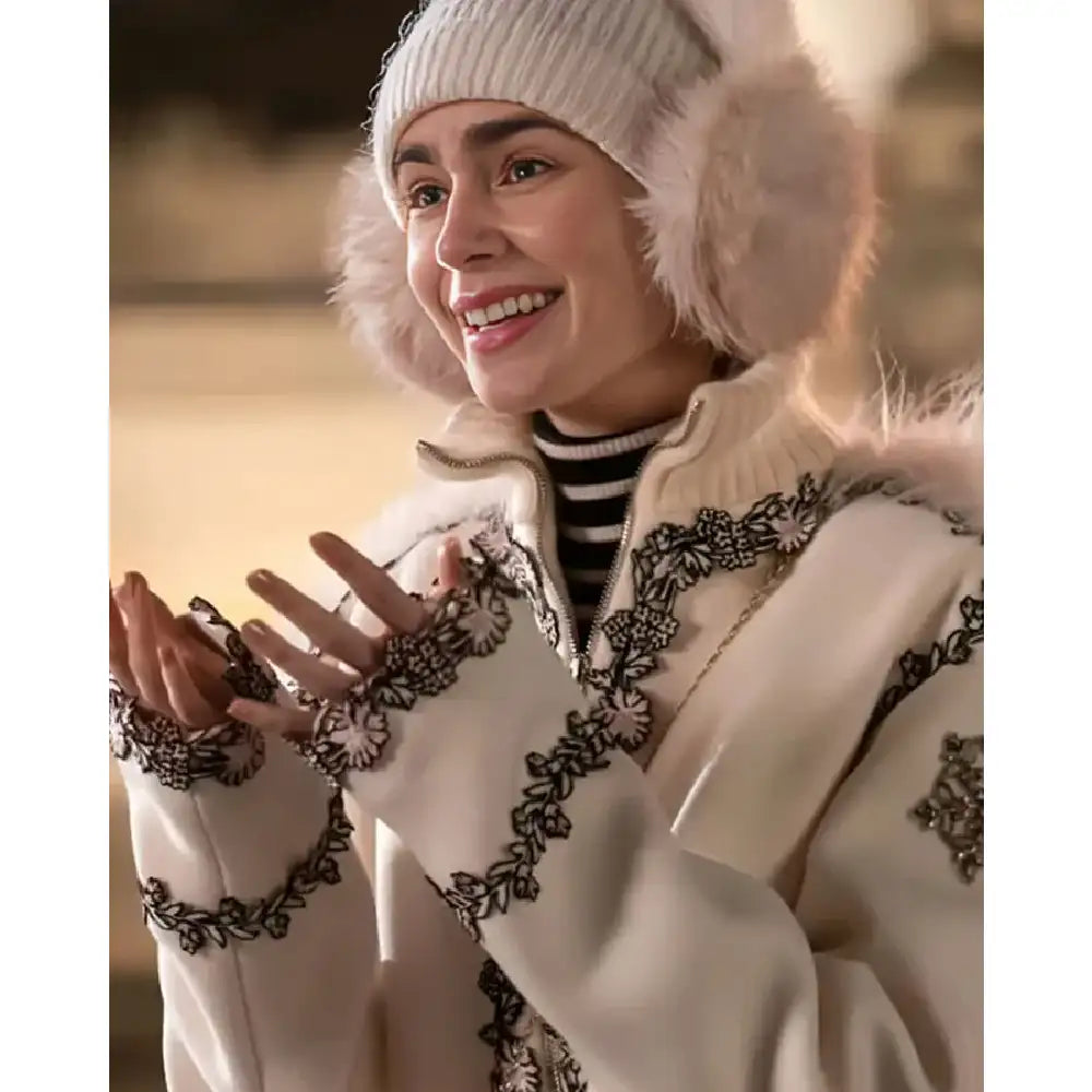Lily Collins White Embroidered Coat
