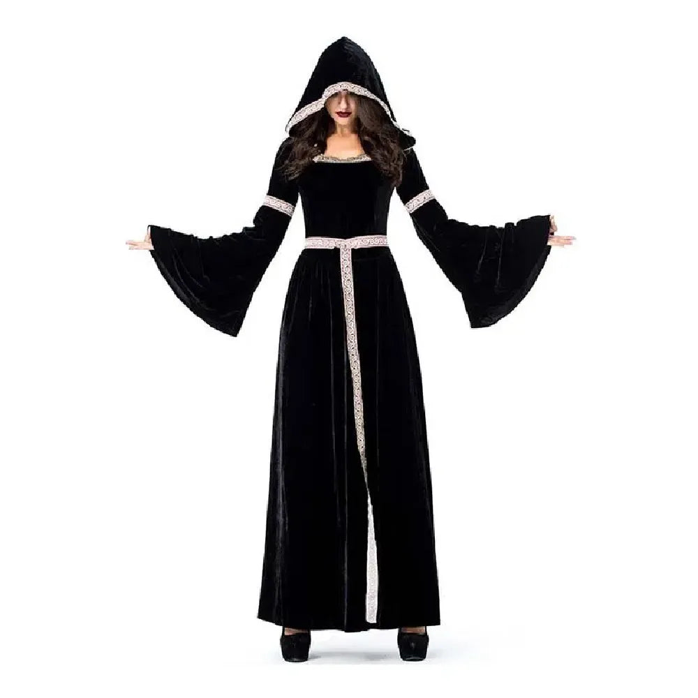 Halloween medieval black hooded dress
