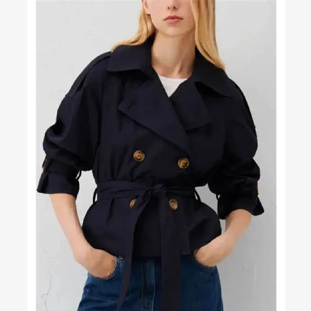 Isabella Double Breasted With Belted Front Cropped Trench Coat
