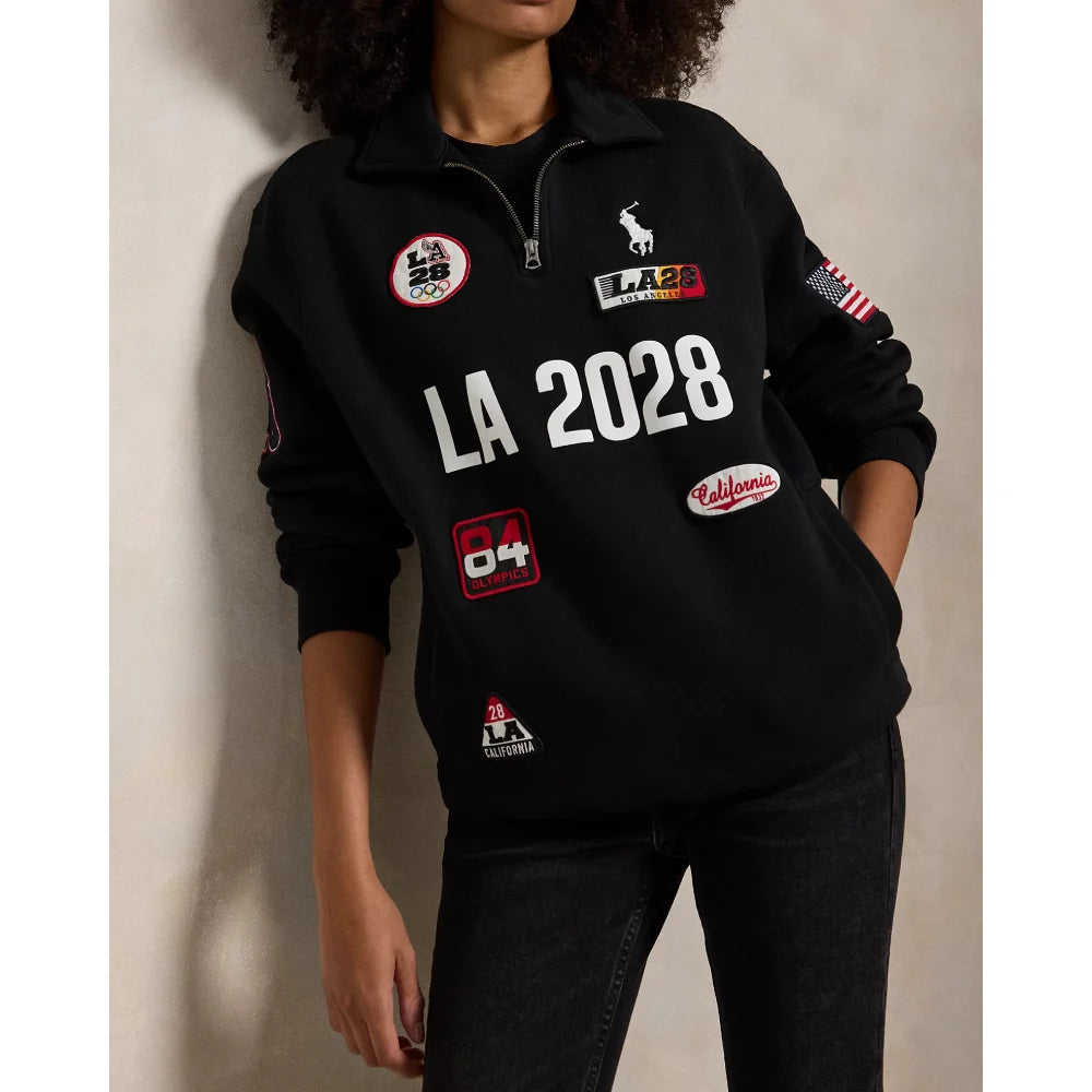 LA28 Olympic Fleece Collared Black Sweatshirt