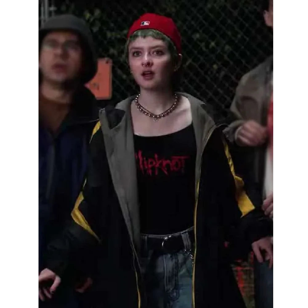 Lachlan Watson Y2K black hooded coat
