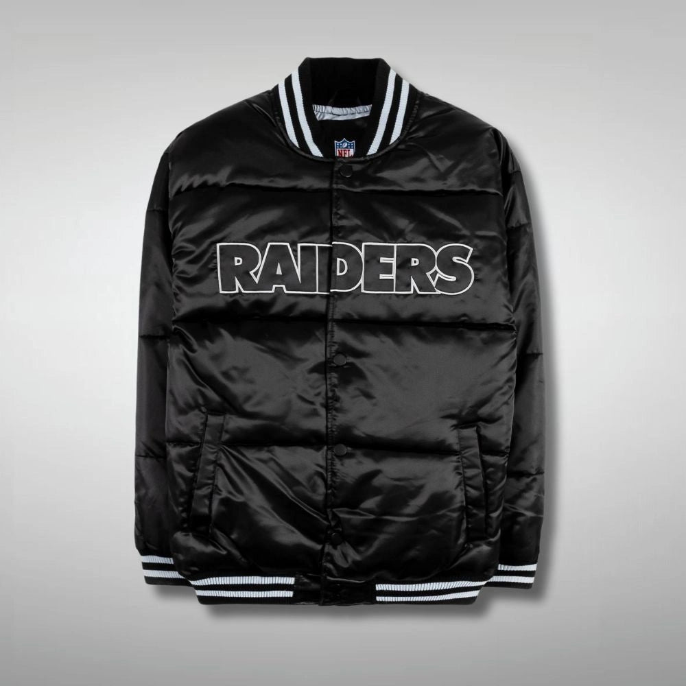 Raiders Starter Black Puffer Letterman Bomber Jacket