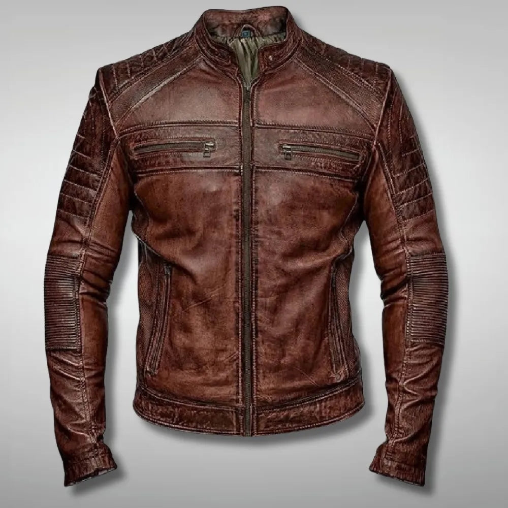 Mens Brown Distressed Brown Biker Jacket