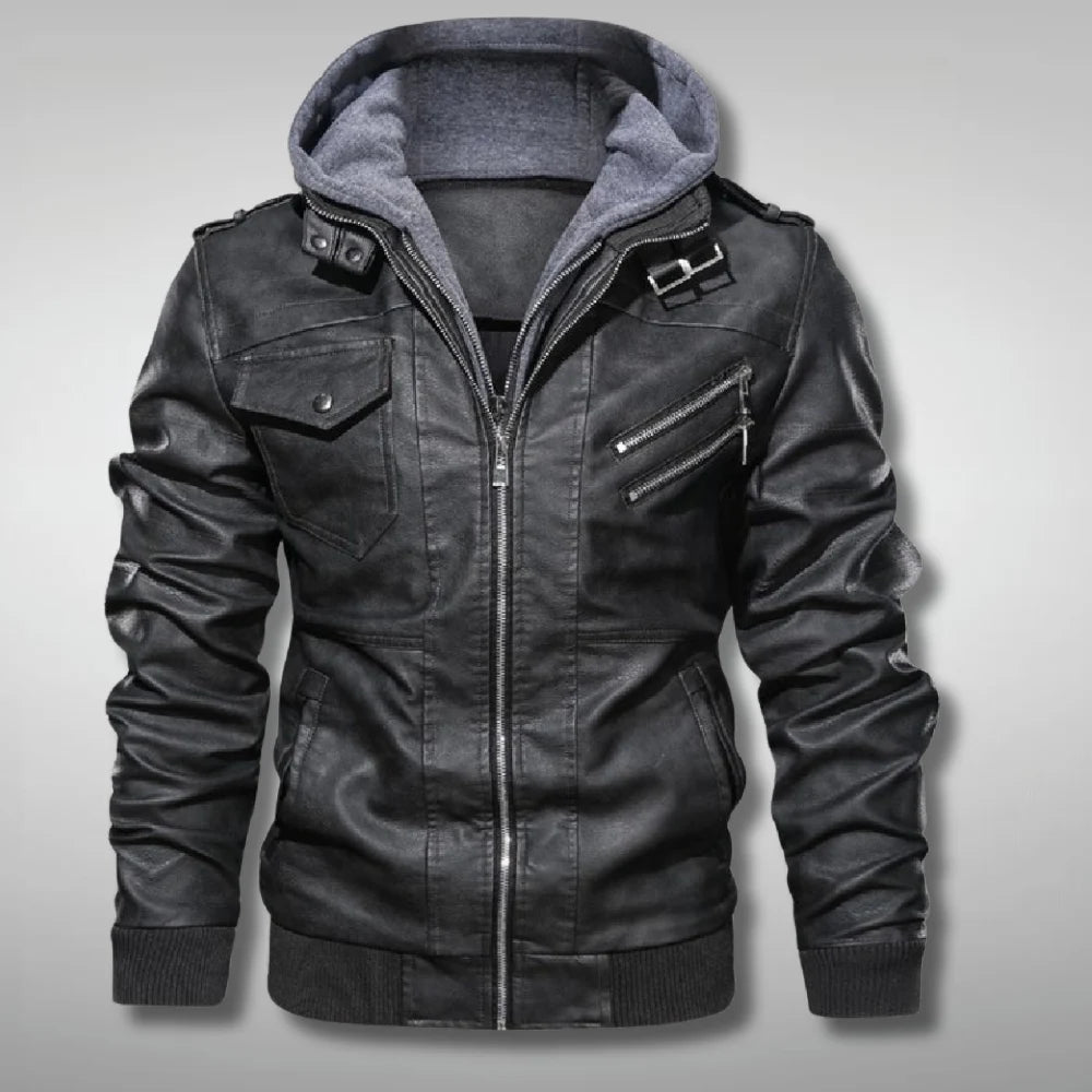 Black Hooded Real Leather Jacket
