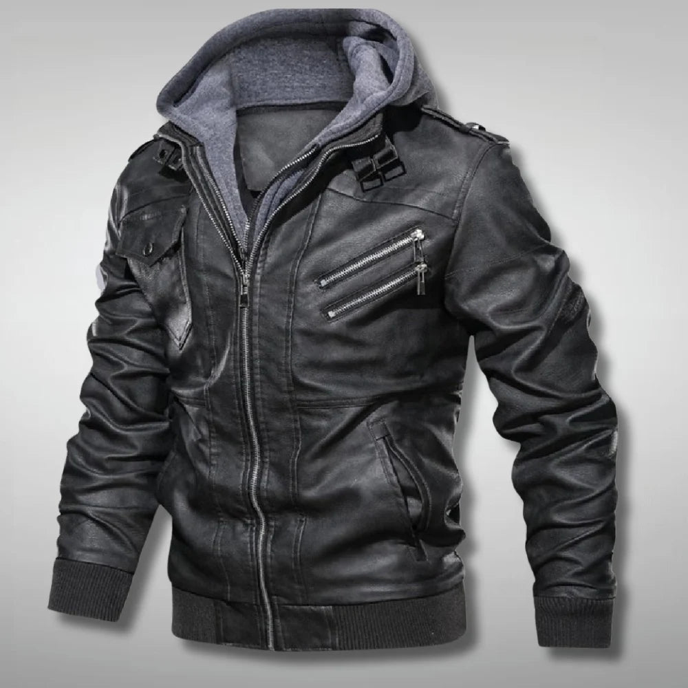 Mens Biker Hooded Real Leather Jacket