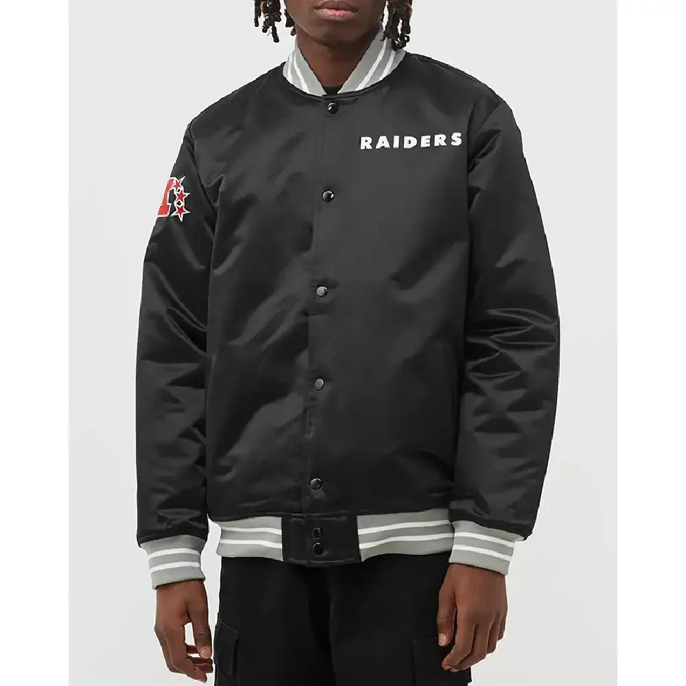 Oakland Raiders Heavyweight Black Satin Varsity Jacket