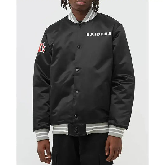Oakland Raiders Heavyweight Black Satin Varsity Jacket