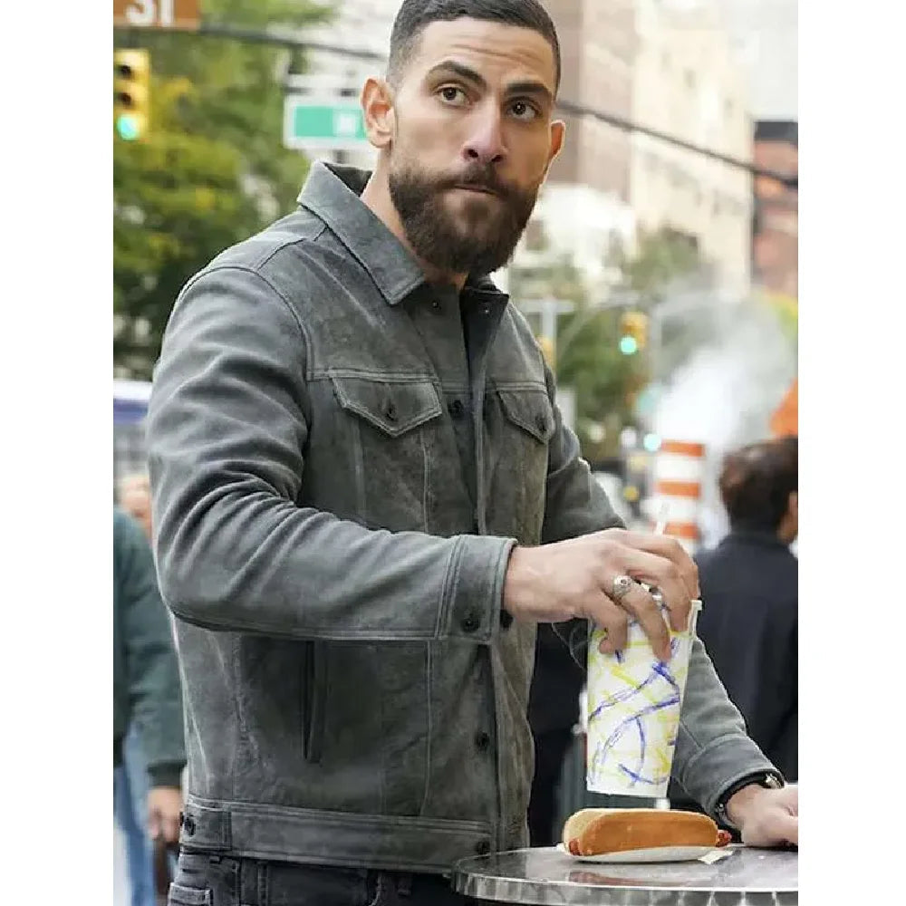 Omar Adom Zidan grey suede jacket
