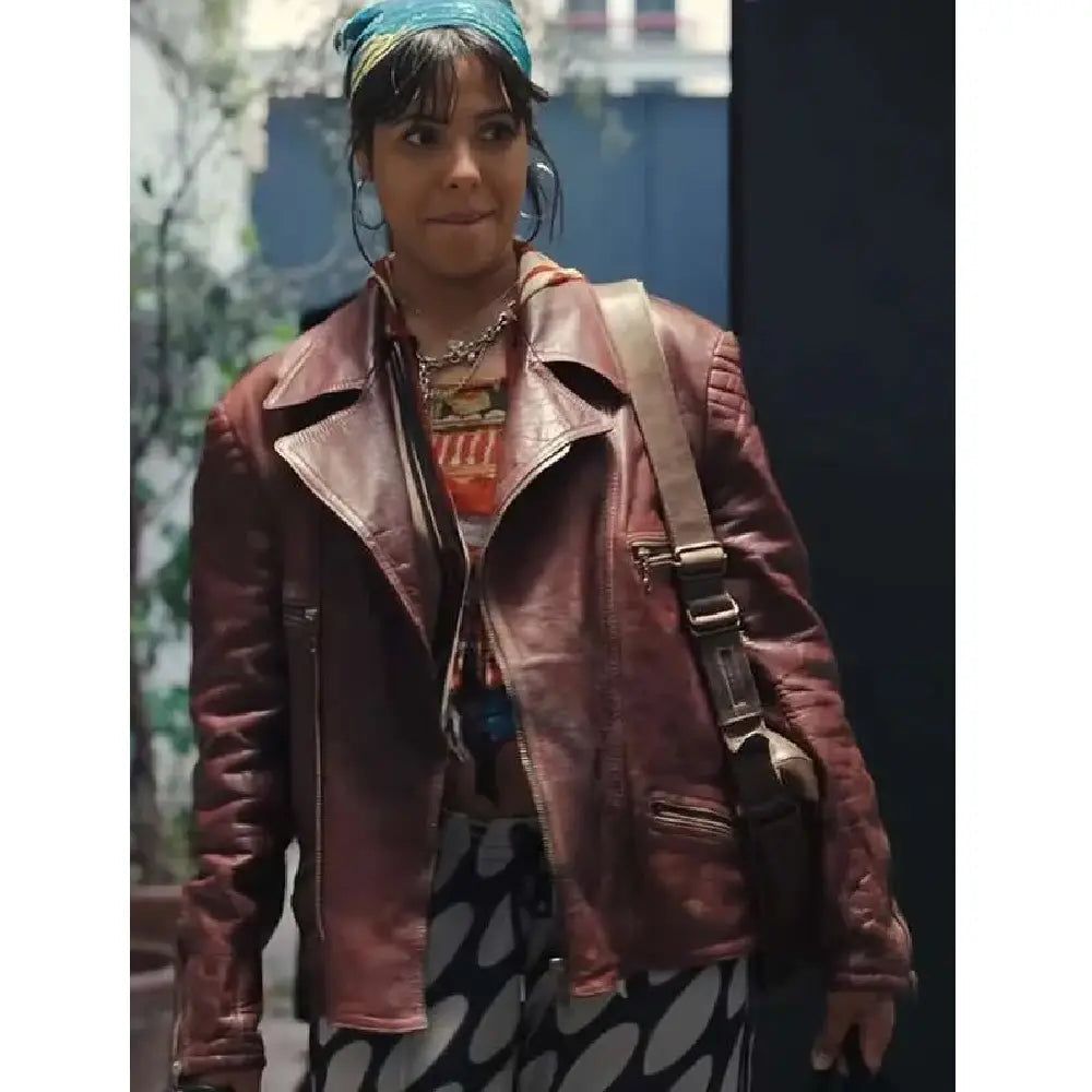 Zita Hanrot maroon biker leather jacket
