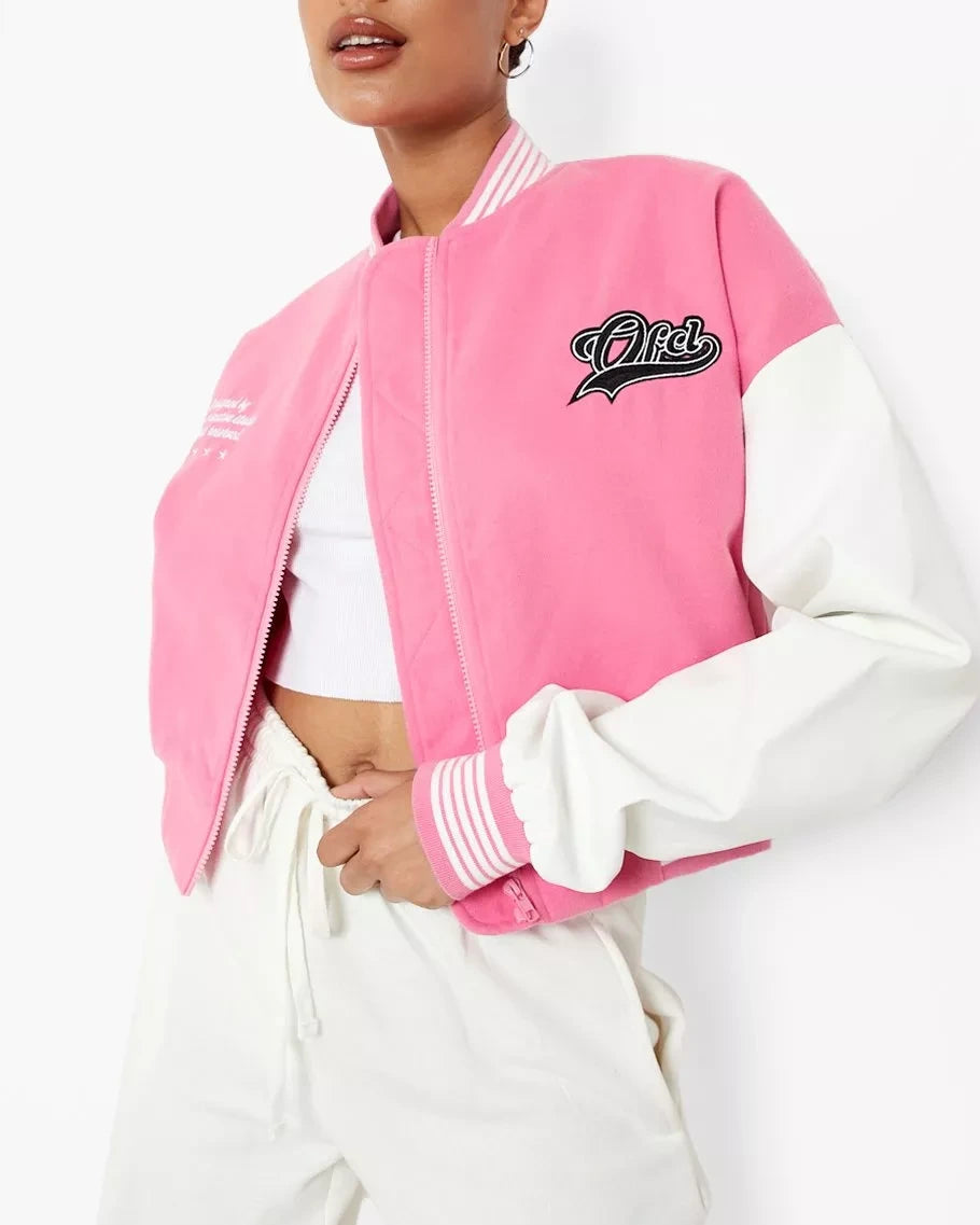 Pink Cropped Varsity Jacket