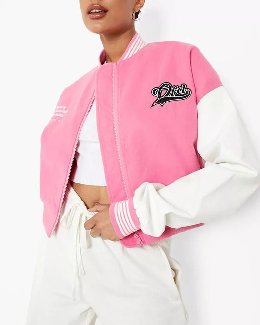 Pink Cropped Varsity Jacket