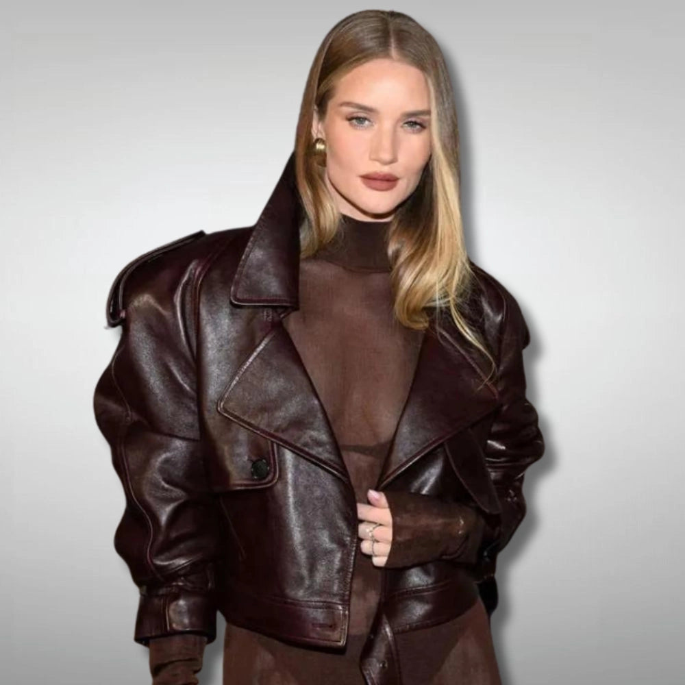 ParisFashionWeekRosieHuntingtonWhiteleyBrownLeatherJacket