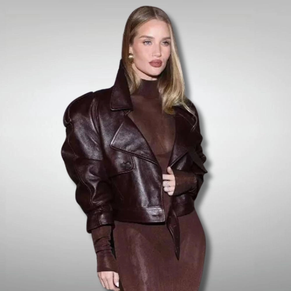 RosieHuntingtonWhiteleyPFWBrownLeatherJacket