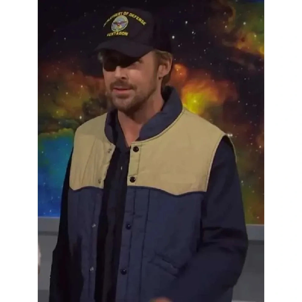 Ryan Gosling blue and beige vest