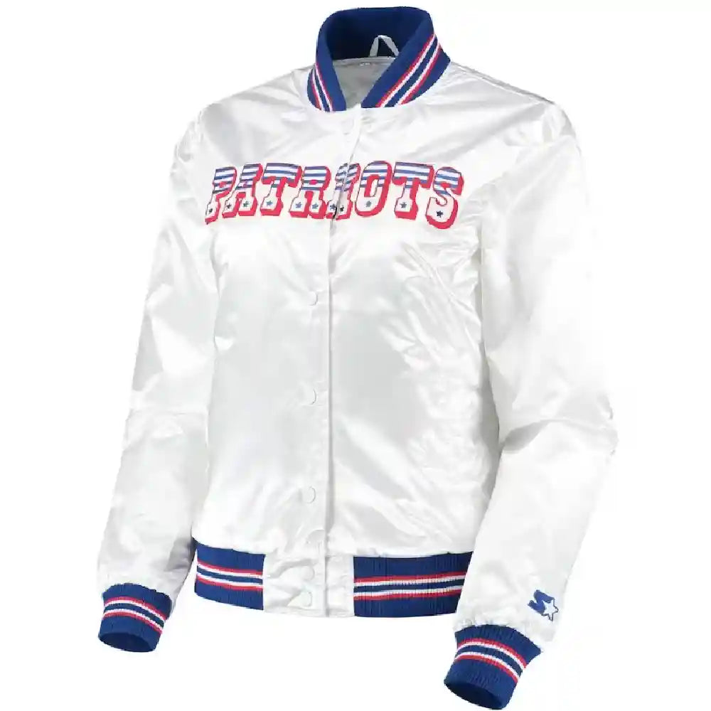 Tammy New England Patriots White Satin Bomber Jacket