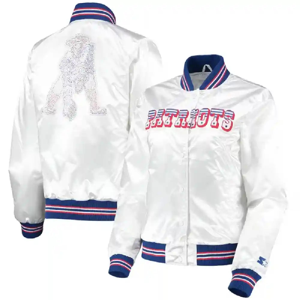 New England Patriots White Satin Bomber Jacket
