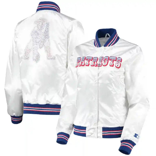 New England Patriots White Satin Bomber Jacket
