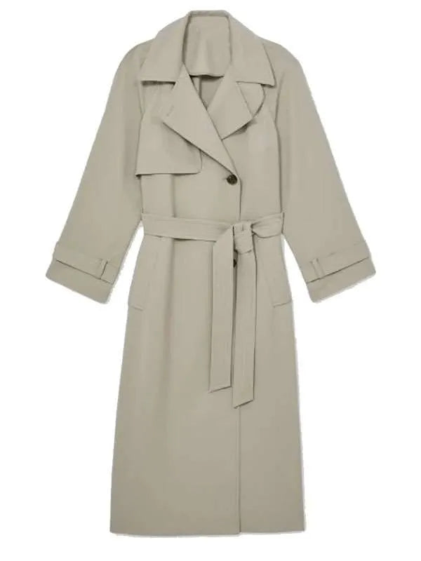 Grey wool trench coat with viscose lining and full-length sleeves