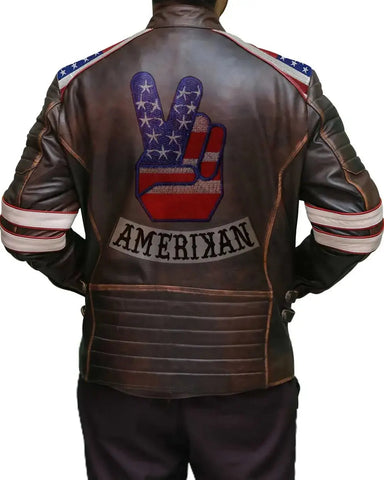 American Flag Shoulders Brown Leather Jacket