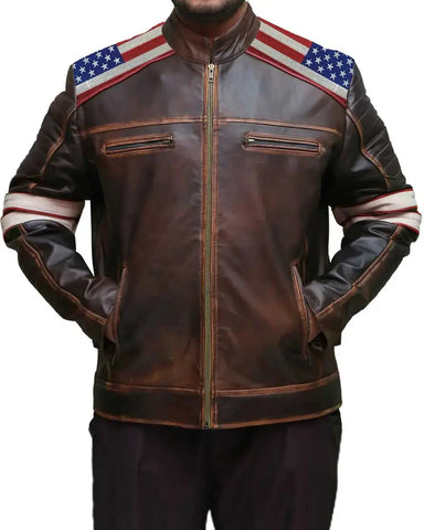 American Flag Shoulders Brown Leather Jacket