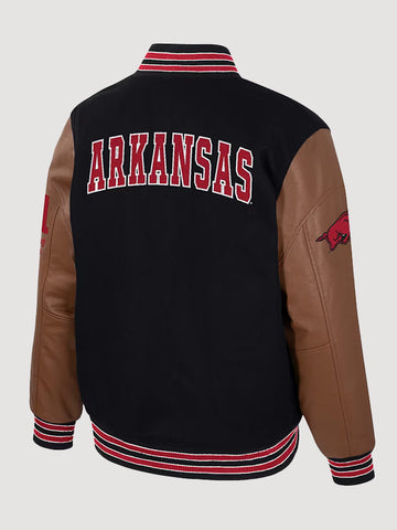 Arkansas-Razorbacks-Colosseum-Letterman-Black-And-Brown-Full-Snap-Varsity-Jacket