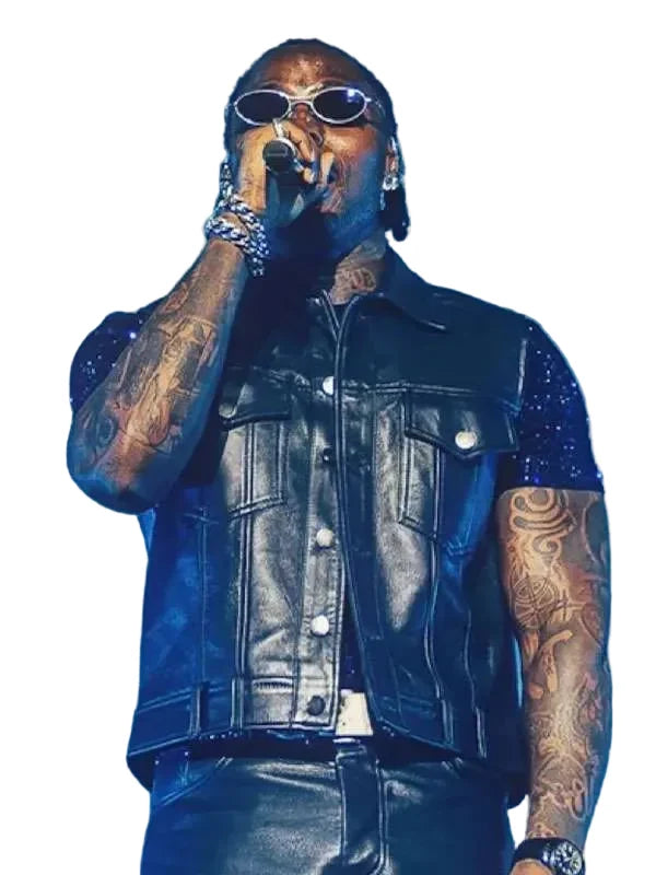 God We Trust Tour Asake Black Leather Vest