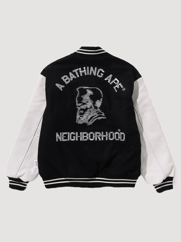 BAPE-x-Neighborhood-Black-And-White-Wool-Varsity-Jacket