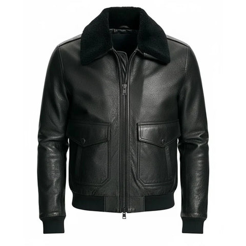 Black Leather Fur Collar Bomber