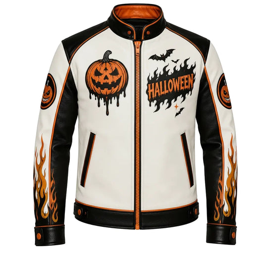 Pumpkin Skull Halloween Leather Jacket for Men