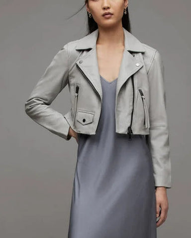 All Saints Elora Grey Cropped Leather Biker Jacket