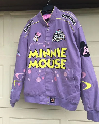 Explore the Vintage Disney Nascar Daytona 500 Purple Minnie Mouse Jacket. Authentic design for Disney fans. Buy now!