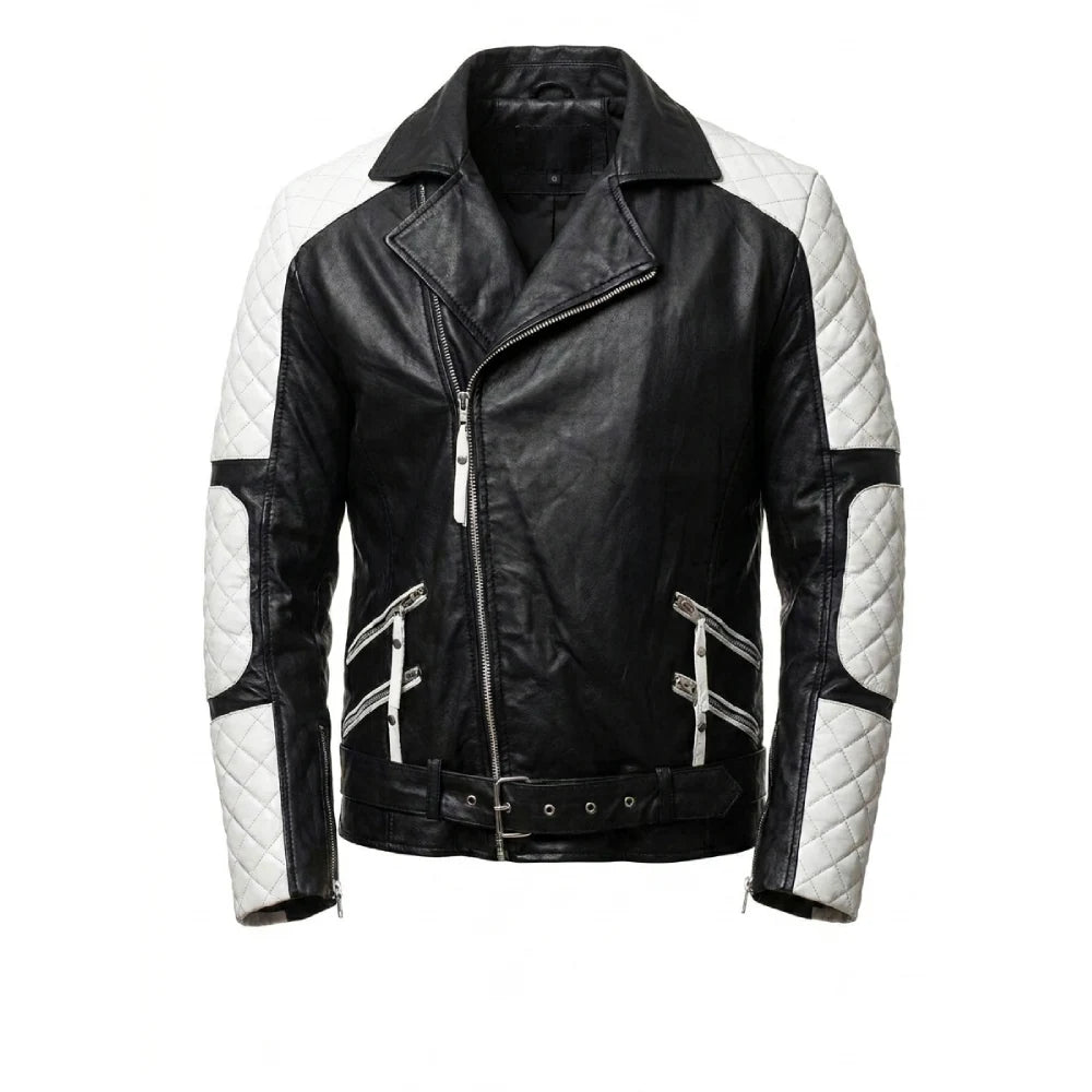 Buy black white biker leather jacket for men