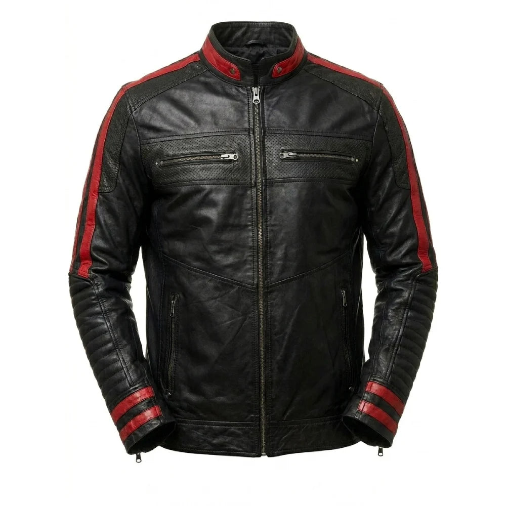 Buy cafe racer black leather stripe jacket men